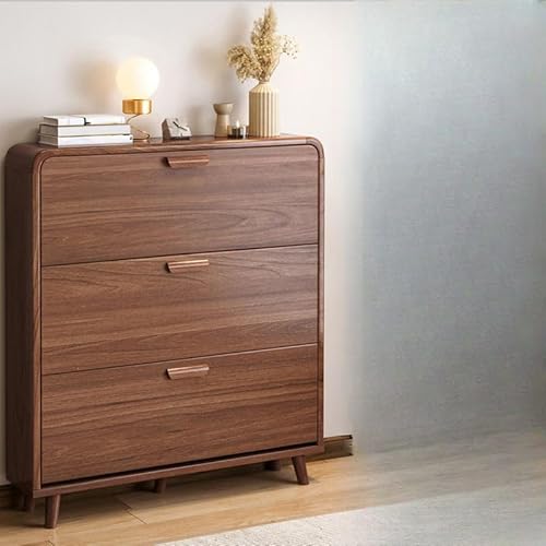 3つのフリップ引き出し付きシューズキャビネット、木製ティッピングバケツシューズラックオーガナイザー、壁取り付け式ナローシューズラック、玄関、廊下、寝室用、内側1段 (ウォールナット、長さ31.5インチ x 幅6.5インチ x 高さ47インチ) (ウォールナ