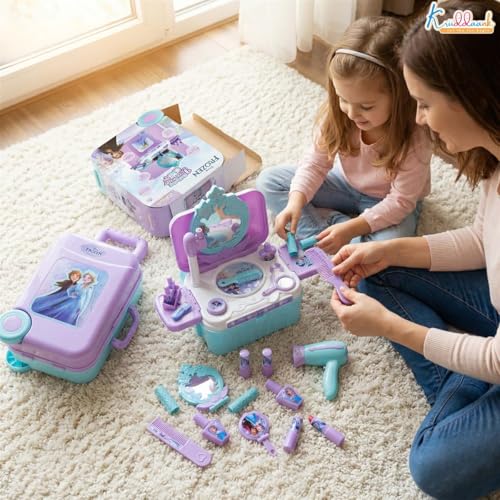 Image of Frozen Dressing Set for Girls - Elsa & Anna Pretend Play Beauty Makeup Kit with Trolley, Lights & Music, 15 Pcs Educational Styling Toy | Birthday Gift for Kids Age 3+, Turkish Blue