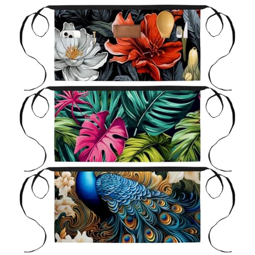 3 Packs Waitress Aprons, Tropical Jungle Palm Leaves Waiter Short Half Apron, Waist Servers Apron with 3 Pocket, Unisex Apron for Kitchen, Restaurant, Bar, Garden