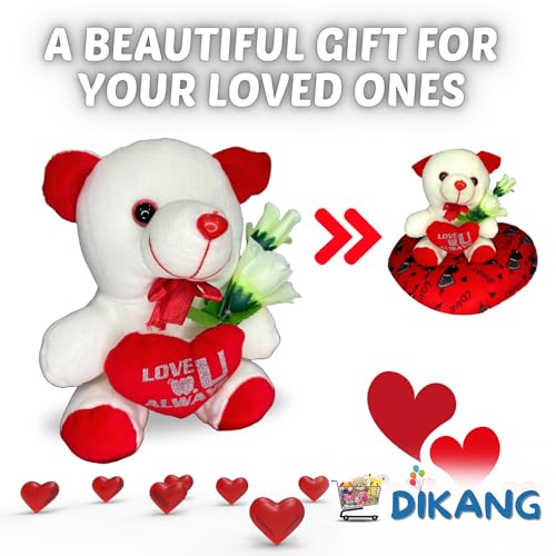 Image of DIKANG Cute Teddy Bear with Heart Pillow for Valentine's Day Gift | Valentine Gift for Boyfriend /Girlfriend /Husband /Wife (25 CM, Off White & RED)