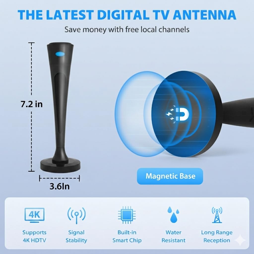 Antena de TV interior mejorada 2026 para Smart TV, recepción de 360°, antena digital con base magnética y amplificador de señal, soporta canales locales libres 4K HD, fácil configuración para