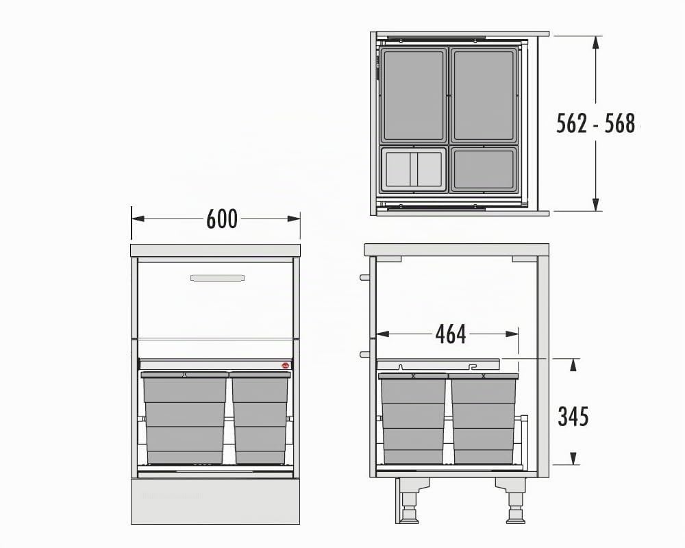 Hailo Abfallsammler 3301641 Einsatz | Allegro Abfalleimer 4fach flexiebel | Einbau Mülleimer passend in 60 cm Schrankauszug | Antirutschmatte Inneneimer und Deckel Höhe 345 in Kunststoff Dunkelgrau