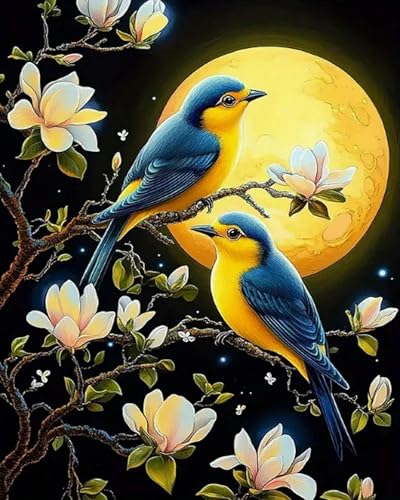 Kit point de croix imprimé 11CT lune, fleurs et oiseaux, broderie DIY 40×50 cm