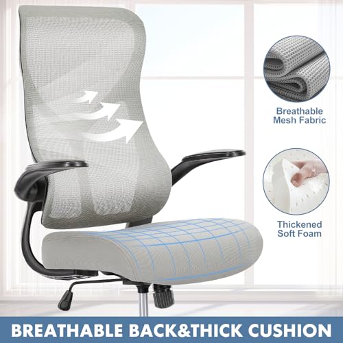 Image of DUMOS Office Managerial Executive Chair with Ergonomic Design, High Back Mesh Computer Desk Task Chair with Flip-up Armrests, Swivel Adjustable Height with Wheels, Comfy Lumbar Support, Gery