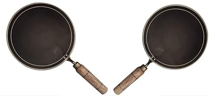 LooksGood 100% Iron Roti tawa with Wooden Handle Combo (Pack of 2) , 2 mm Thick Tawa, 24.5 cm Diameter (Iron)