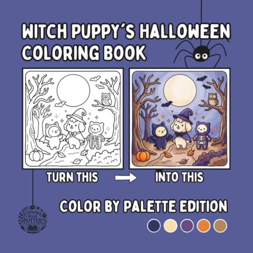 Witch Puppy's Halloween Coloring Book: Color by Palette Edition: 40 Pages, Each with Its Own Pre-Colored Reference and Matching Color Palette. No More Guessing image 2