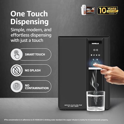 Image of Havells Gracia FAB Alkaline Water Purifier (Black), RO+UV+Alkaline, Hot, Warm & Ambient Water, Copper+Zinc+Minerals, 9 Stage Purification, 6.5L SS Tank, Suitable for Borewell, Tanker & Municipal Water