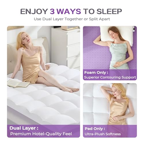 Image of SINWEEK Dual Layer 5 Inch Memory Foam Mattress Topper Queen Size, 2 Inch Gel Memory Foam Plus 3 Inch 1450 GSM Down Alternative Quilted Pillow Top Mattress Pad Cover, White