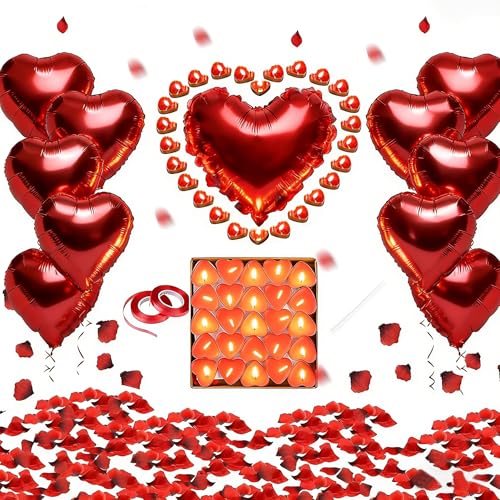 Bougies Romantiques et Pétales,Saint Valentin Décoration,50 Bougies en Forme de Coeur+10 Ballons Coeur Rouges+1000 Pétales de Rose Rouges en Soie,pour Mariage Saint Valentin D'anniversaire Fiançailles