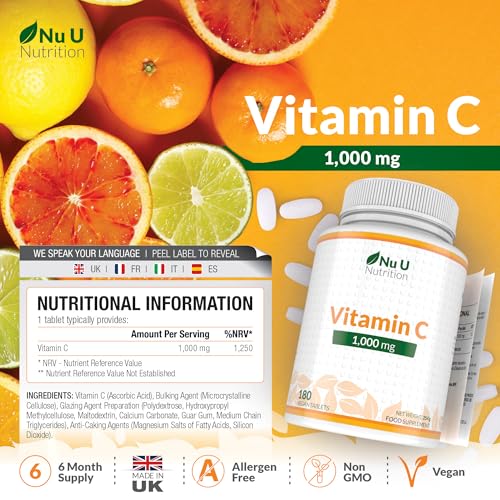 Vitamin C 1000mg - 180 Vegan Tablets - 6 Month Supply - High Strength Ascorbic Acid - Supports Immune System, Energy & Collagen Formation* (EFSA Claims) - Nu U Nutrition - Image 3