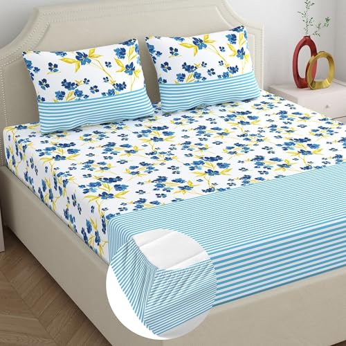 Image of Home Ecstasy 100% Cotton King Fitted Bedsheet with 2 Pillow Covers - (Size 72 x 78 inches, 140 TC, Colour - Blue)