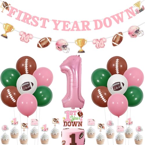 JOYMEMO Football Birthday Party Decorations Pink, First Year Down Banner Cake Topper, Pink American Football 1st Birthday Supplies, Girl Sports Party Decor, Rugby Theme Balloons Set