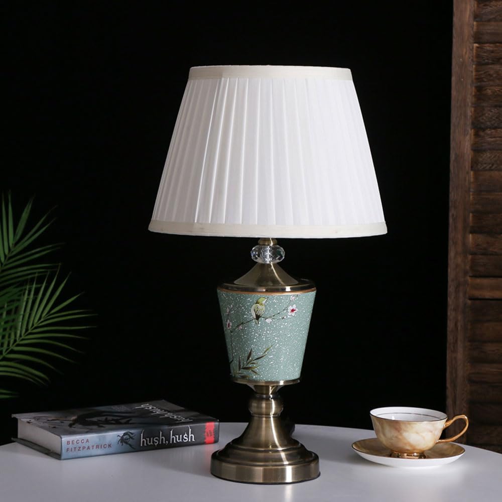 SGKOMN Table Lamp American Minimalist Ceramic Bedroom Bedside Lamp Copper Living Room European New Chinese Nightstand Lamp For Bedroom Living Room Office College Bookcase-H