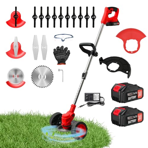 ALSO GO 24V Electric Weed Wacker, Cordless Grass Trimmer, 3 in 1 Grass Trimmer with 2pcs Batteries & Charger, Battery Powered Weed Eater/Brush Cutter/Edger with Wheels for Garden and Yard Lawn