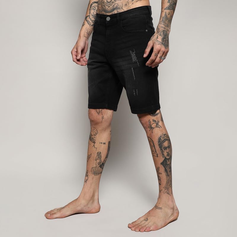 Image of CAHOOT Men's Side-Striped Denim Shorts for Casual Wear | Dark-Wash | Regular Fit | Button Closure | Denim Shorts Crafted with Comfort Fit for Everyday Wear