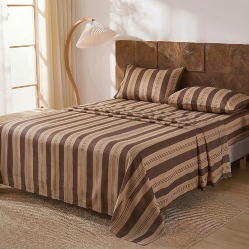 Image of Merryword 100% Cotton Sheet Set Queen Size - Brown Striped Bedding, Soft Breathable Percale Weave, Deep Pocket Fitted Sheet 17.5 inch, Luxury & Silky Soft Sheet Set for All Seasons
