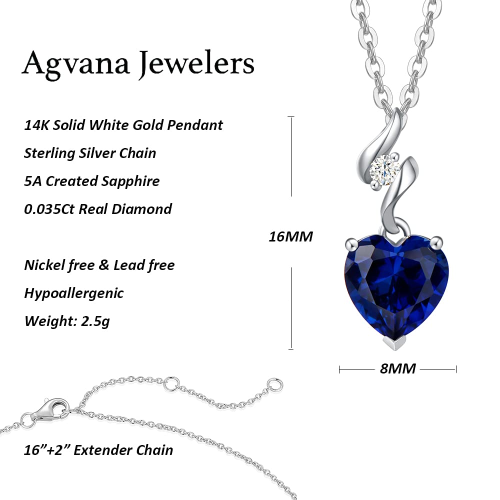 AGVANA 14K Solid White Gold Diamond Gemstone Pendant with Sterling Silver Chain 8mm Heart Birthstone Necklace Fine Jewelry Anniversary Birthday Gifts for Women Mom Wife