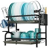 Dish Drying Rack, iSPECLE 2 Tier Dish Rack with Cup Holder, Dish Drainer with Drainboard and Utensil Holder Large Capacity for Kitchen Countertop Saving Space