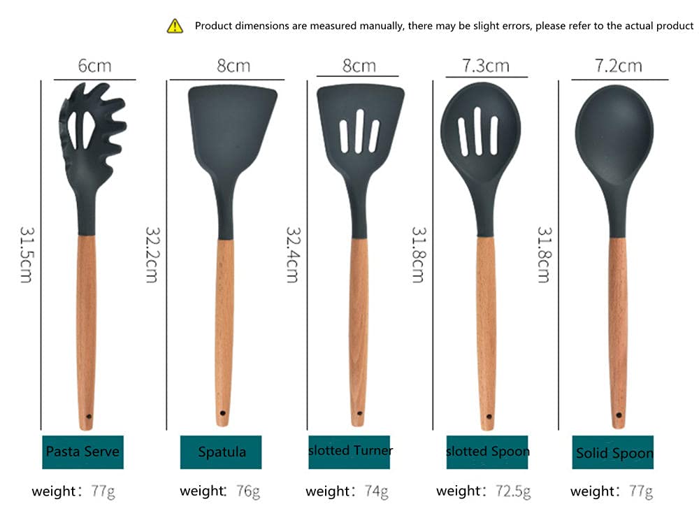 Ustensiles de Cuisine en Silicone, poignées en Bois Set de spatule, ustensiles de Cuisson Grises pour casseroles Non-bâton, spatules en Silicone pour Cuisson Cuisine Gadgets outils-11pcs-01