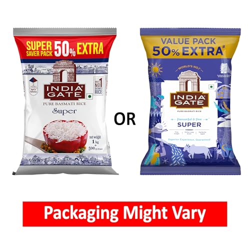 Image of India Gate Flavourful & Fine Super Basmati Rice 1 Kg (with Free 500g) | Perfectly Aged Rice (Pack of 3)