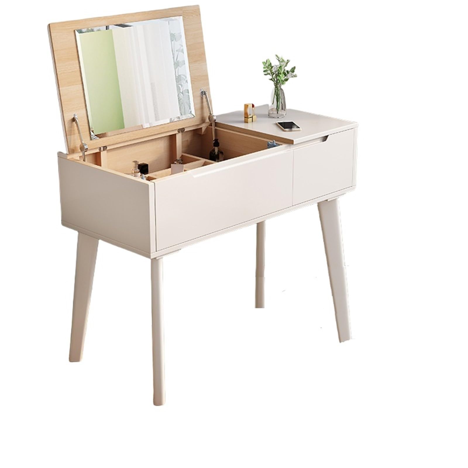 asdchZen Modern Dressing Vanity Table Set With Large Flip Top Mirror, Drawer & Compartment Storage, Stylish Makeup Table For Bedroom-Brown Finish,White