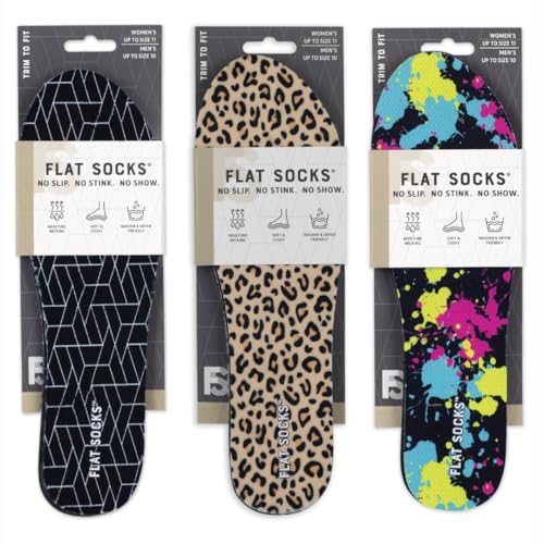 FLAT SOCKS 3 Pack Washable No Show Sockless Shoe Liners, Barefoot Show Inserts for Women and Men, Non Slip, Odor Control, Black, Leopard, Paint Splatter (Small)