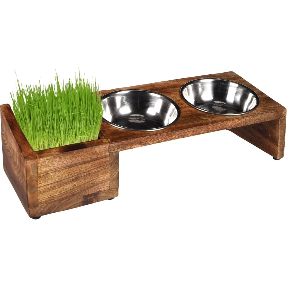 Flamingo TWIN FEEDER LELA WITH CAT GRASS BOWL STAINLESS STEEL 2x375ML 13CM, Natural
