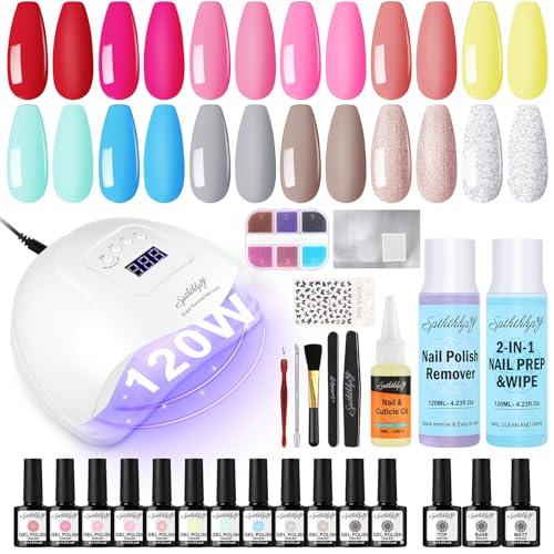 SPTHTHHPY 12+6 Gel Nail Kit - Gel Nail Polish Remover, Nail Prep & Wipe, Cuticle Oil, 12 Gel Nail Polish, Top & Base Coat - Nail Full Set for Beginners with Lamp - DIY Nail Salon Starter Gift