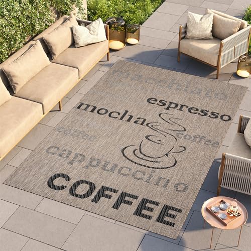 TAPISO Melissa Teppich Outdoor Braun Schwarz Kaffee Schrift Indoor Sisal Wohnzimmer Küche Balkon...