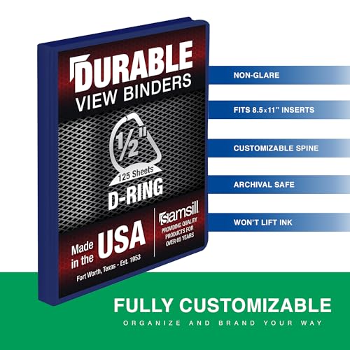 Image of Samsill Durable 0.5 Inch Binder, D Ring Binder, Customizable Clear View Cover, Dark Blue, Holds 125 Pages