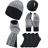 SATINIOR 6 Pcs Winter Hat Scarf Socks Touch Screen Gloves Ear Warmer Sets Women Men Fleece Lined Knit Beanies Winter Gifts(Black-White, Black)