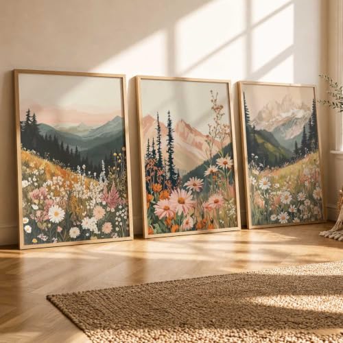 Image of kotart Big Aesthetic Mountains View Wall Art Paintings | Flowers Landscape Framed Painting | Vastu Frames for Living Room Bedroom Wall Decor Set Of 3 (14x20 Inch)