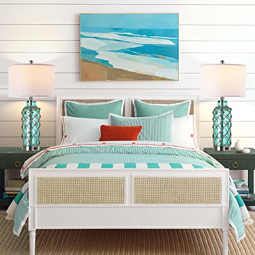 Cottage Nautical Accent Table Lamp Set Of 2, Touch Control Coastal Blue Green Glass Rope Net Bedside Lamp With 2 Usb Ports, 3-Way Dimmable Nightstand Lamps With White Shade For Living Room, Bedroom #TOP7