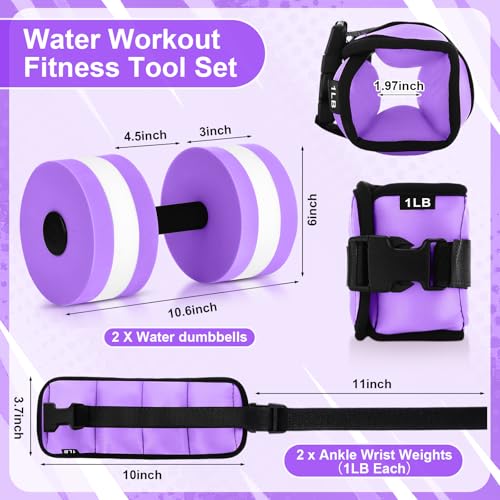 Hollowfly Water Aerobics Set, 4 Piece Pool Exercise Kit (2 Aqua Dumbbells + 2 Ankle/wrist Weights), EVA Foam, Low-impact Workout(Purple)