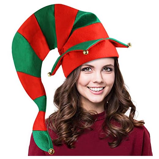BigOtters Christmas Elf Hat, Novelty Funny Christmas Hat Long Striped Hat with Bells for Kids Adults Holiday Theme Photos Props Christmas Party Favors