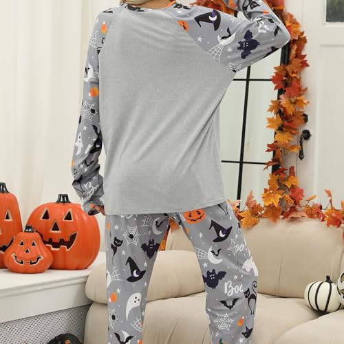 SANSIWU Women's Halloween Pajamas Set Ghost Pumpkin Print Long Sleeve Round Neck Tops+Elastic Waist Long Pants Loungewear (Light Grey, M) - Image 6
