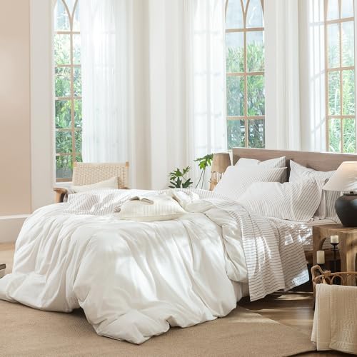 Image of MooMee Striped Sheet Set 100% Washed Cotton Linen Like Queen