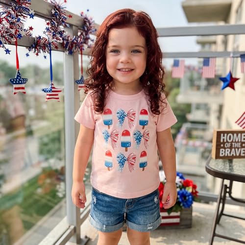 Image of Kids Toddler Girls 4th of July T-Shirt Short Sleeve Patriotic Coquette Bow American Flag Independence Day Top
