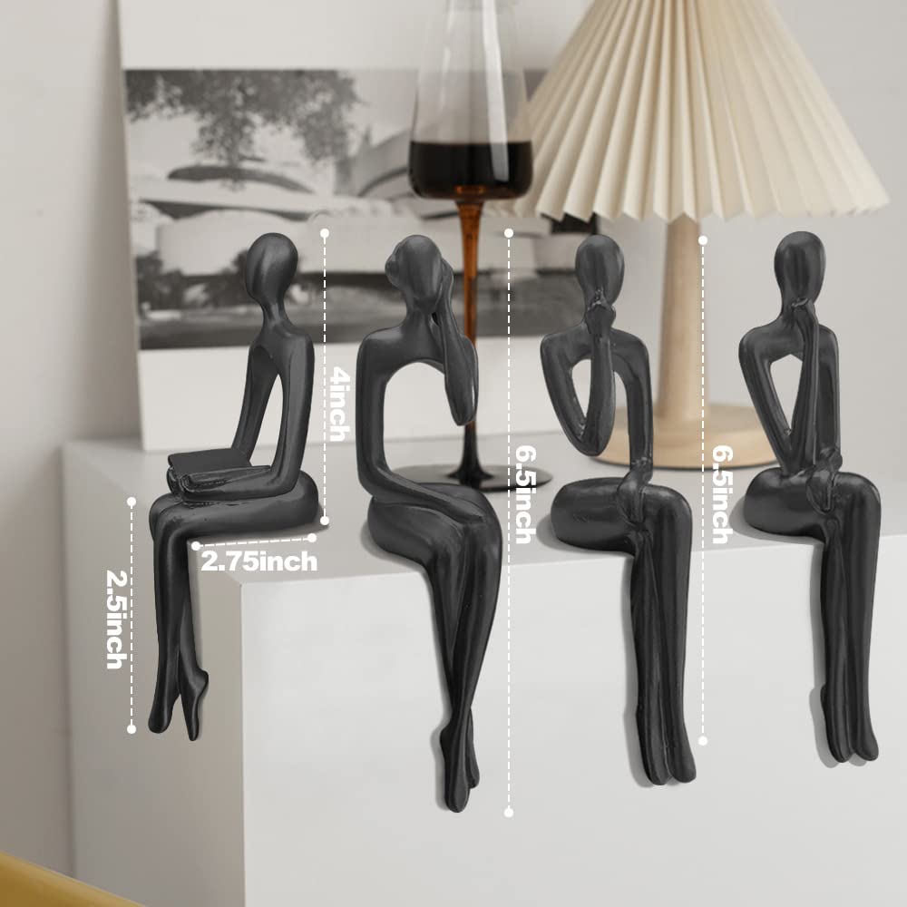 Lot de 4 statues de penseur noires pour décoration de la maison - Abstrait assis - Sculpture de bureau - Décoration de table (noir)