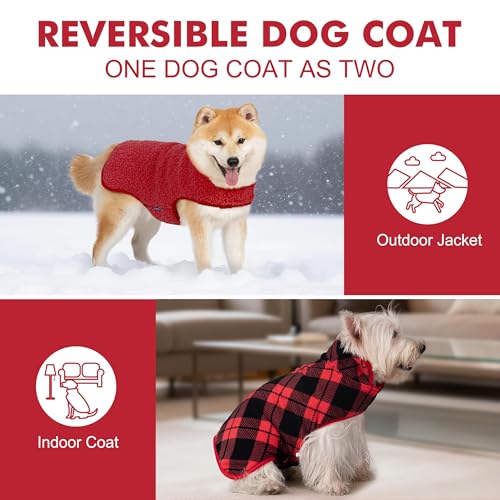 Image of cyeollo Warm Dog Coat Reversible X-Large Dog Jackets, Red Buffalo Plaid, XL | Warm Fleece Winter Sweater, Turtleneck Pet Vest, Adjustable Fit, Easy On & Off, Leash Hole for Cold Weather Outdoor Walks