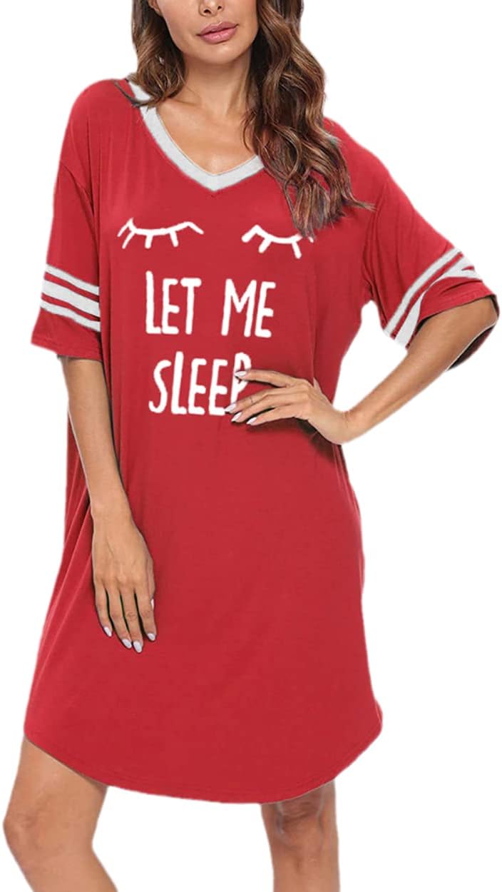 KAMONG Sleep Shirts for Women Short Sleeve Cotton Novelty Night Shirts V Neck Oversized Nightgowns Cute Printed Nightdress - Image 3