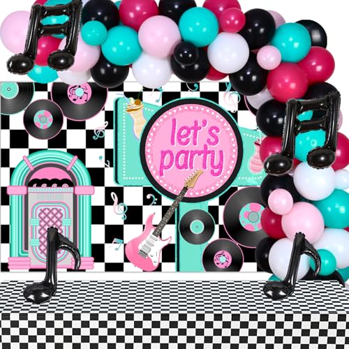 Cheereveal Décorations de Fête des Années 50, Kit de Guirlande de Ballons sur le Thème de la Musique des Années 50, Décorations de Fête des Années 50 Avec Toile de Fond des Années 50, Ballons