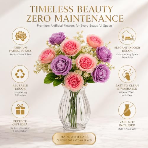 Image of Divyakosh Artificial Flowers Bunch (Vase Not Included). Artificial Flower for Vase Flower Bouquet Gift Lavender & Coral Peach Peony Bouquet for Living Room Office Dining Table Centerpiece