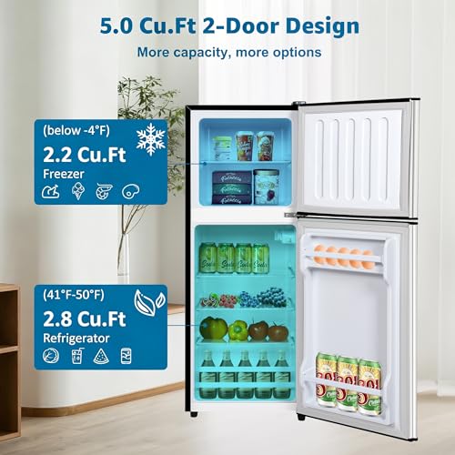 Image of 5.0 Cu. Ft Dorm Fridge for Apartment with Freezer, Small Refrigerator with 7-Level Adjustable Thermostat, Compact Mini Fridge for Kitchen, Dorm, Office, Silver