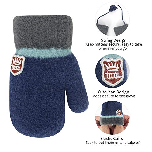 Gerlobal 3 Pairs Toddler Gloves Winter Mittens for Baby Boys Girls, Kids Warm Fleece Lined Knit Mittens with String (Black/Grey/Navy, 0-3 Years) - Thumbnail 2