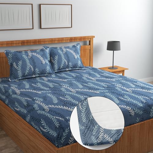 Image of NHD HOME Premium Cotton Elastic Fitted Bedsheets with 2 King Size Pillow Covers Double Bed with All Around Elastic Supersoft Size - 72 x 78 +10 inches Floral Pattren White and Black 200 tc - 220 tc