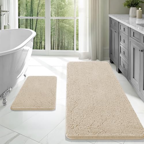 Image of OLANLY Bathroom Rugs Sets 2 Piece, Soft Absorbent Chenille Bath Mats Area Rug Set, Non-Slip, Quick Dry, Machine Washable Bath Mats for Bathroom, Home Decor Accessories (47 inchx20 inch+24 inchx16 inch, Sand)