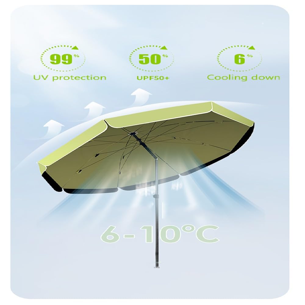 Sombrilla De Playa 200cm 240cm Parasol Exterior Patio Sombrilla De Terraza Inclinable Ajustable Protección UV50+ Sombrilla Playa Antiviento Plegable, Fácil De Plegar E Instalar(Beige,2m/6.5