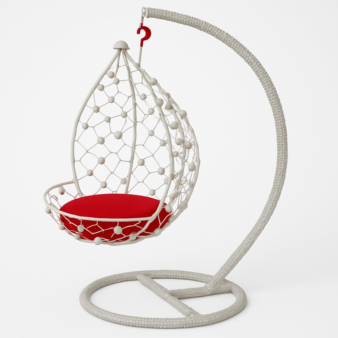 ZAZ IMPEX - Decorative Hanging Swing Chair with Stand – White Metal Frame with Red Cushion, Egg-Shaped Hammock Seat for Indoor/Outdoor Balcony & Patio Use-image-25