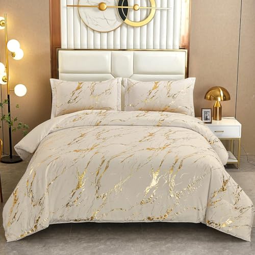 WONGS BEDDING Gold Metallic Marble Khaki Comforter Set Full